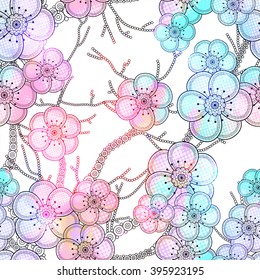 Seamless flowers pattern with cherry blossom. Vector background, EPS10.