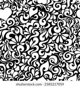 seamless flowers pattern, curls, curls black and white background print