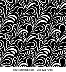 seamless flowers pattern, curls, curls black and white background print