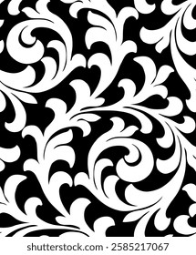 seamless flowers pattern, curls, curls black and white background print