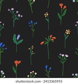 Diseño de patrones de flores sin foco. Huella botánica, fondo interminable. Pequeñas plantas florales, ramas de campo, frágiles tallos de resorte simples para papel de pared, textil, tela. Ilustración vectorial gráfica plana