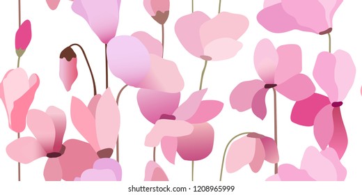 Seamless flowers pattern. Floral background for fashion prints. Design for textile, wallpapers, wrapping, paper. Spring flowery texture. Cyclamen flowers.