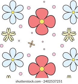 Seamless flowers pattern, floral and dot shapes, modern art.