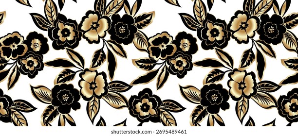 Seamless flowers pattern. Golden flowers background. Abstract elegance pattern.