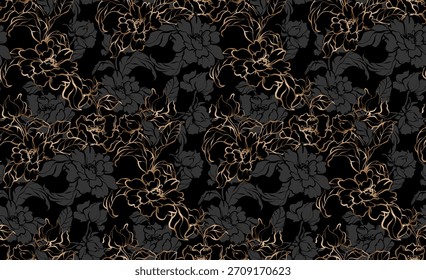 Seamless flowers pattern. Golden flowers background. Abstract elegance pattern.