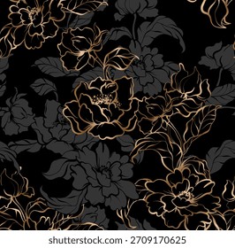 Seamless flowers pattern. Golden flowers background. Abstract elegance pattern.