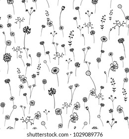 Seamless flowers pattern. Hand drawn outline stroke . Art and Abstract concept. Floral and Nature theme. Thin line sketch. Vector illustration. Isolated white background