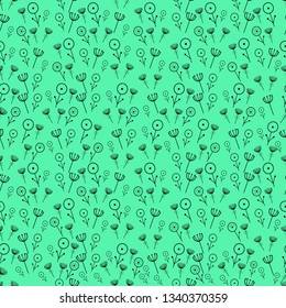 Seamless flowers pattern. Hand drawn outline stroke. Art and Abstract concept. Doodle pattern with flowers on light green with curls background - Vector
