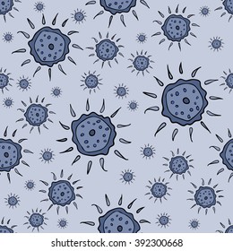 Seamless flowers pattern. Light grayish-blue background. For printing on packaging, bags, cups, laptop, etc. Vector illustration.