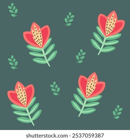 Seamless flowers pattern with lilies  on a green background. Floral print. Botanical texture, vector wallpaper, fabric, textile, print.