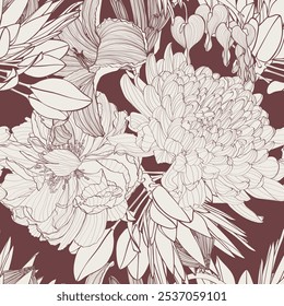 Seamless flowers pattern with line garden flowers and plants. Exotic wallpaper. Trendy summer line print.
