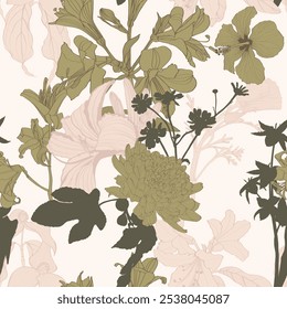 Seamless flowers pattern with line garden flowers and plants. Exotic wallpaper. Trendy summer line print.