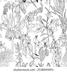 Seamless flowers pattern with line garden flowers and plants. Exotic wallpaper. Trendy summer line print.