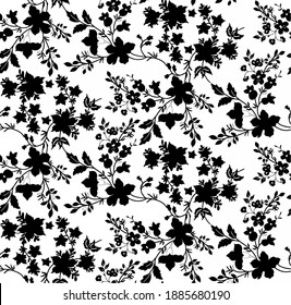 Seamless flowers pattern monochrome floral illustration.