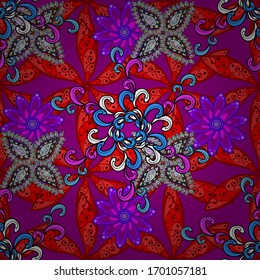 Seamless flowers pattern. Flowers on black, red and purple colors. In asian textile style. Vector illustration. Vector illustration.