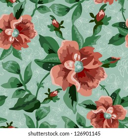 Seamless flowers pattern on blue background