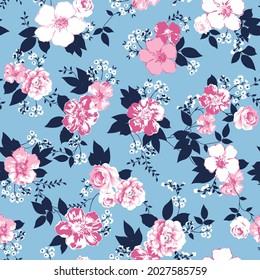 seamless flowers pattern on blue background