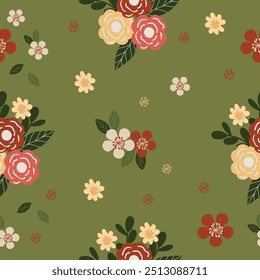 Patrón de flores sin fisuras sobre fondo verde ideal para papel de regalo, impresión, estacionario.	