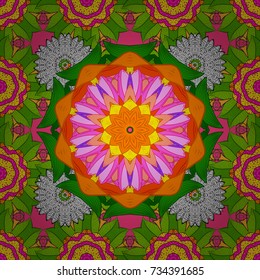 Seamless flowers pattern. Flowers on green, orange and pink colors. Vector illustration. In asian textile style. Vector illustration.