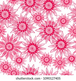 Seamless Flowers Pattern. Stylized Gerbera or Daisy. Vector Decorative Flowers in Hipster Style. African Camomile Gasania. Seamless Flowers Ornament for Print, Cloth, Textile, Fabric, Paper, Wrapping.