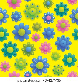 Seamless flowers pattern. Summer pattern. Colorful flowers on a yellow background. Vector illustration