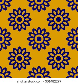 Seamless Flowers Pattern. Vector Background in blue and yellow tones