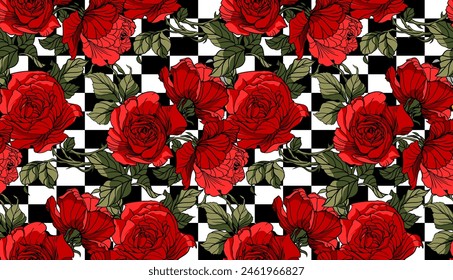 Seamless Flowers Pattern in vector. Checkered pattern background