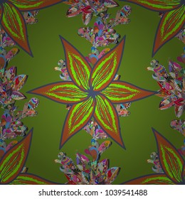 Seamless flowers pattern. Vector illustration. In asian textile style on green, orange and blue colors.