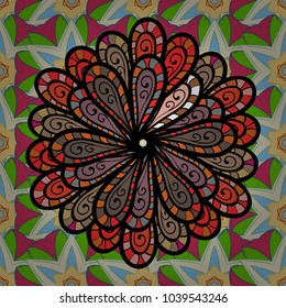 Seamless flowers pattern. Vector illustration. Flat Flower Elements Design. In asian textile style. Colour Spring Theme seamless pattern Background. Flowers on black, beige and pink colors.