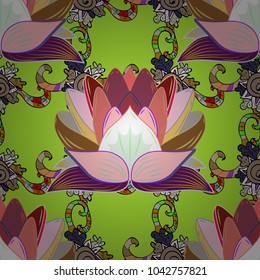 Seamless flowers pattern. Vector illustration. In asian textile style. Vector illustration. Flowers on green, neutral and purple colors.