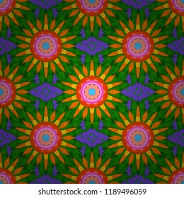 Seamless flowers pattern. Vector illustration. In asian textile style on green, orange and violet colors.