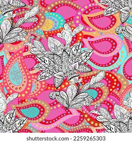 seamless flowers pattern. vector illustration in asian textile style. Beautiful fabric pattern. Colour Spring Theme seamless pattern Background. Flat Flower Elements Design.