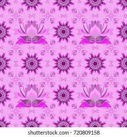 Seamless flowers pattern. Vector illustration. In asian textile style. Flowers on pink, neutral and purple colors. Vector illustration.