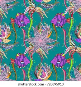 Seamless flowers pattern. Vector illustration. Vector illustration. Flowers on blue, neutral and violet colors. In asian textile style.