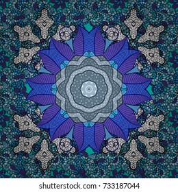 Seamless flowers pattern. Vector illustration. Vector illustration. Flowers on blue, black and violet colors. In asian textile style.
