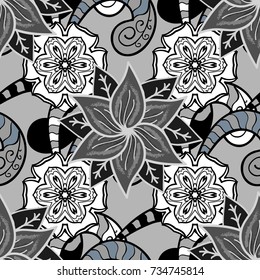Seamless flowers pattern. Vector illustration. In asian textile style on gray, white and black colors.