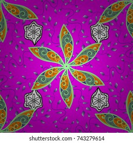 Seamless flowers pattern. Vector illustration. In asian textile style on magenta, green and orange colors.