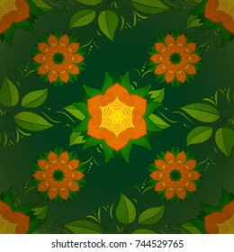 Seamless flowers pattern. Vector illustration. In asian textile style on green, orange and yellow colors.