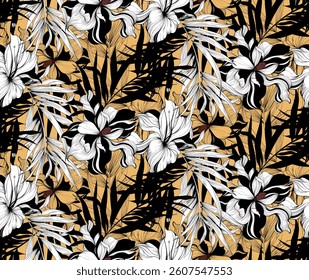 Seamless flowers pattern in vector. Tropical leaves pattern.