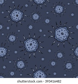 Seamless flowers pattern. Very dark grayish-blue background. For printing on packaging, bags, cups, laptop, etc. Vector illustration.