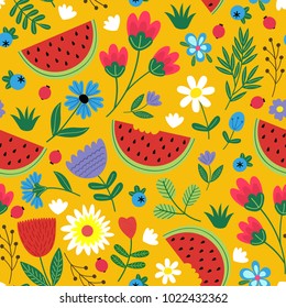 Seamless Flowers Pattern With Watermelon - Vector Illustration, Eps
