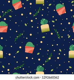 Seamless flowers, plant pots pattern. Vector Illustration