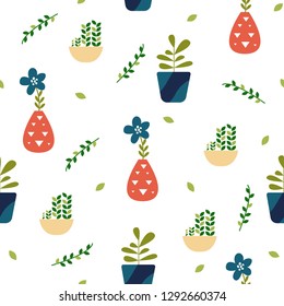 Seamless flowers, plant pots pattern. Vector Illustration