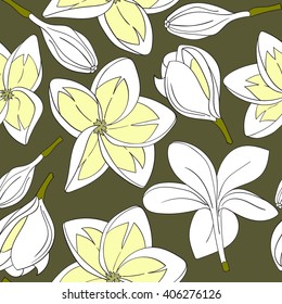 Seamless of flowers plumeria pattern on a green background. Tropical flowers. Vector illustration.