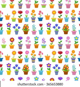 Seamless flowers in pots background pattern. 