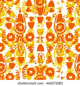 Seamless flowers print in primitive style. Autumn colors. Red, yellow. Vector pattern.