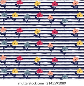 Seamless flowers with repeating pattern,flowers and geometric lines stripe, blooming  Hand drawn vector floral illustration, Can be used fabric, wallpaper, scrapbooking,card,packaging, clothing, prin