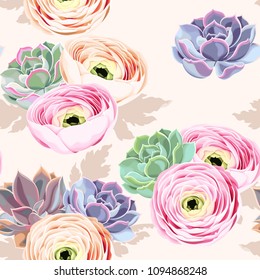 Seamless flowers and succulents