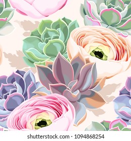 Seamless flowers and succulents