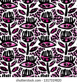 Seamless flowers textile rough grunge print.Trendy ink artistic template, textile doodle grunge texture design with authentic,unique scrapes, watercolor blotted background, expressive ink painting 